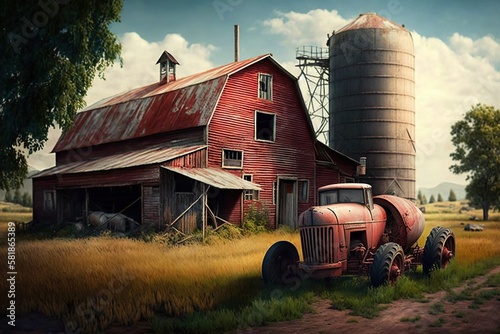 Dilapidated barn with a weathered red roof a leaning silo and an old tractor parked outside, concept of Abandoned and Rustic, created with Generative AI technology