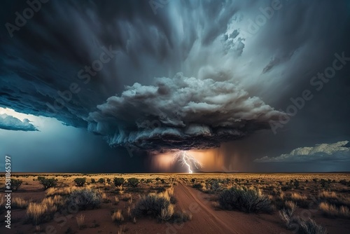 Dramatic shot of a thunderstorm rolling in over a wide - open plain with dark clouds and lightning bolts, concept of Gathering Storm and Ominous Sky, created with Generative AI technology