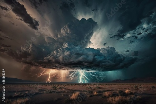 Dramatic shot of a thunderstorm rolling in over a wide - open plain with dark clouds and lightning bolts, concept of Gathering Storm and Ominous Sky, created with Generative AI technology