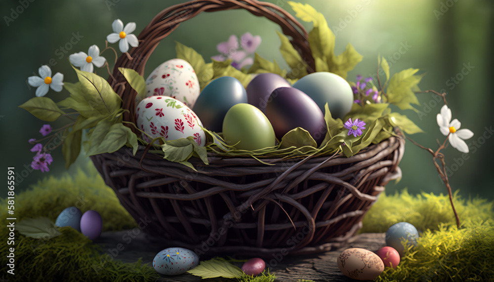 Painted eggs in a wicker basket on the lawn