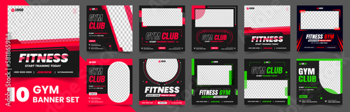 Fitness gym social media post banner template set of 10 big mega collection bundle. gym, Workout, fitness and Sports social media post banner set, fitness gym social media post banner bundle