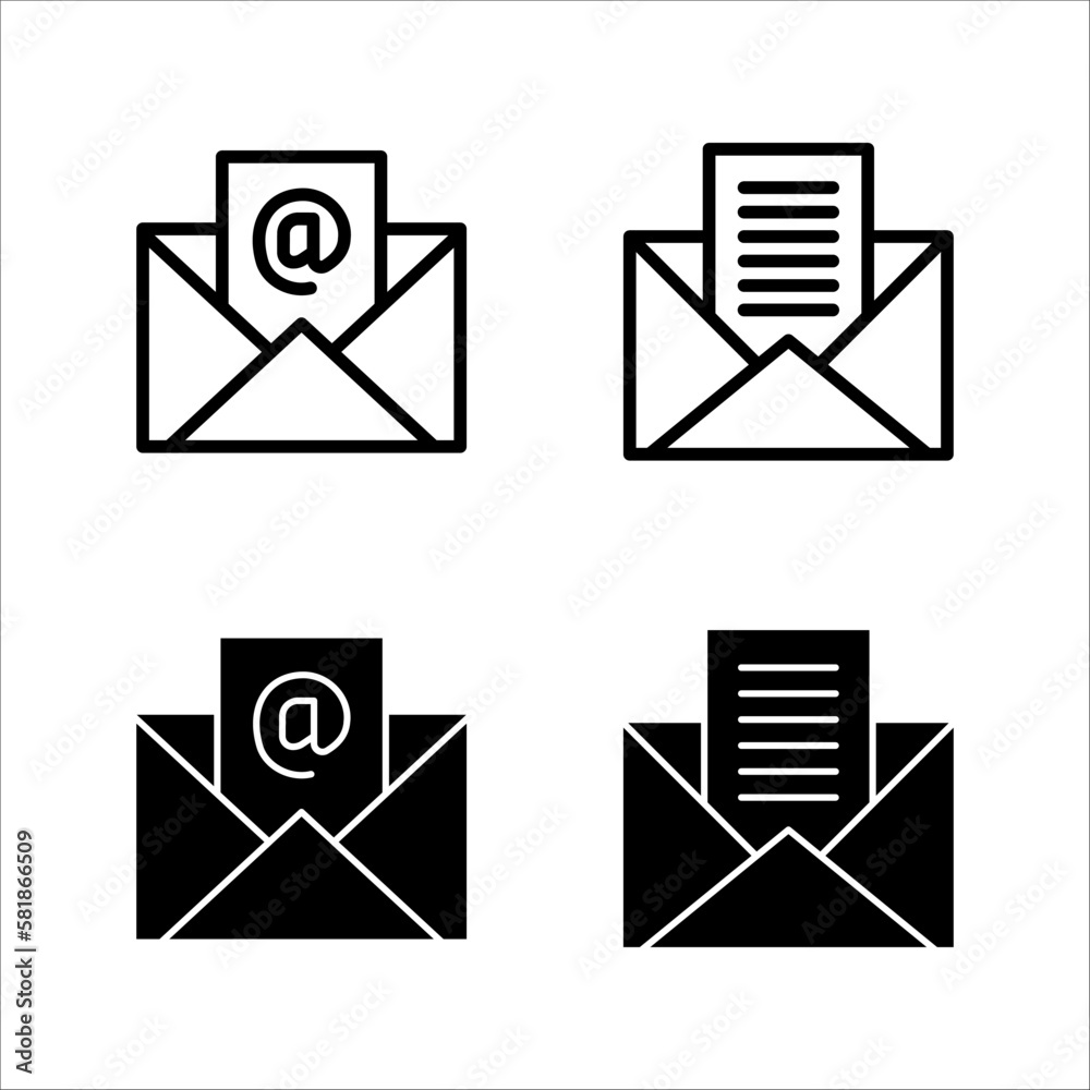 Outline of email icons on a white background. Open the pictogram envelope. Line letter symbol for website design, mobile app, ui. Vector illustration. eps10 Outline of email icons on a white background. Open the pictogram envelope. Line letter symbol for website design, mobile app, ui. Vector illustration. eps10