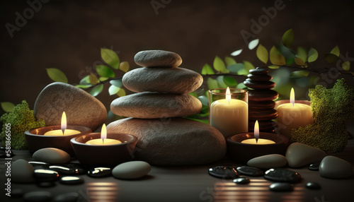 candles, flower, towel and stones for thalassotherapy in the spa area. cozy atmosphere. body care. generative AI