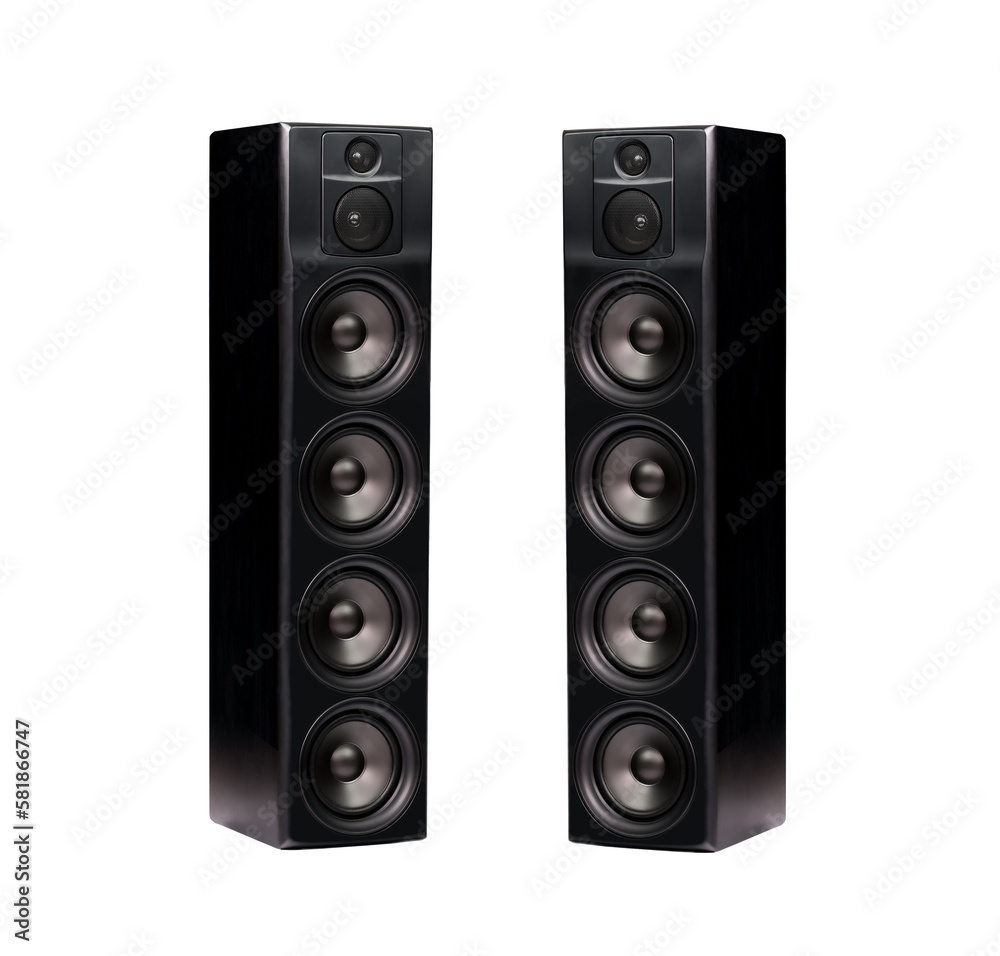 Pair of professional modern audio speakers in black wooden casing isolated on transparent background - obrazy, fototapety, plakaty 
