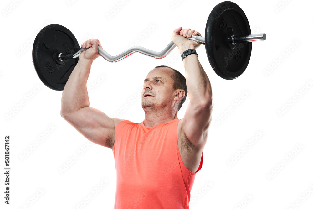 Mature man doing fitness workout with barbell Mature man doing fitness workout with barbell