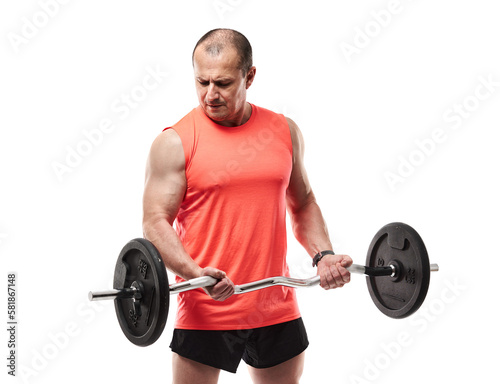 Mature man doing fitness workout with barbell