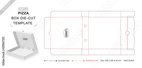 Pizza box die cut template small with 3D blank vector mockup for food packaging