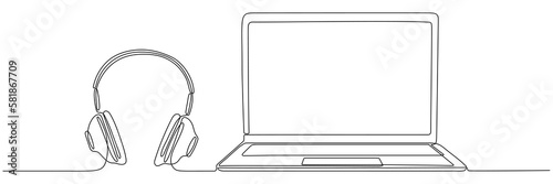 Laptop with headphones continuous line drawing. Open computer linear gadget. Vector illustration isolated on white.