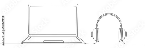 Laptop with headphones continuous line drawing. Open computer linear gadget. Vector illustration isolated on white.