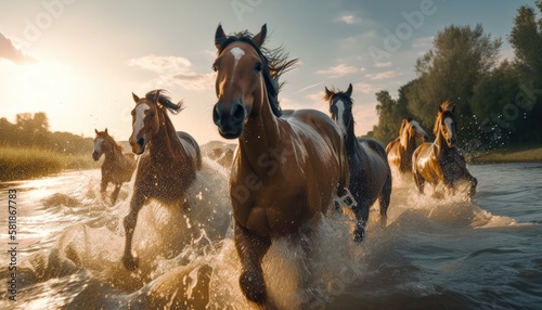 Galloping horses jumping over the river in freedom wild Generative AI Illustration © SVasco