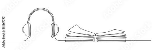 Book with headphones continuous line drawing. Audio reading linear concept. Audiobook symbol. Vector illustration isolated on white.	