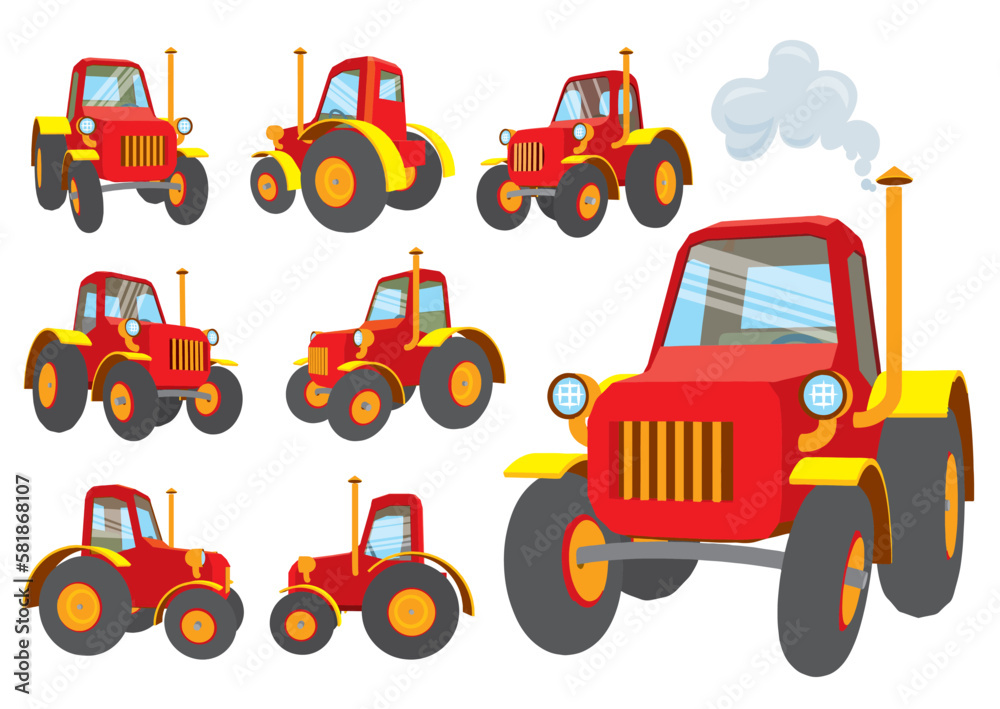 Set of images of the red tractor in different angles. Vector Illustration Set of images of the red tractor in different angles. Vector Illustration