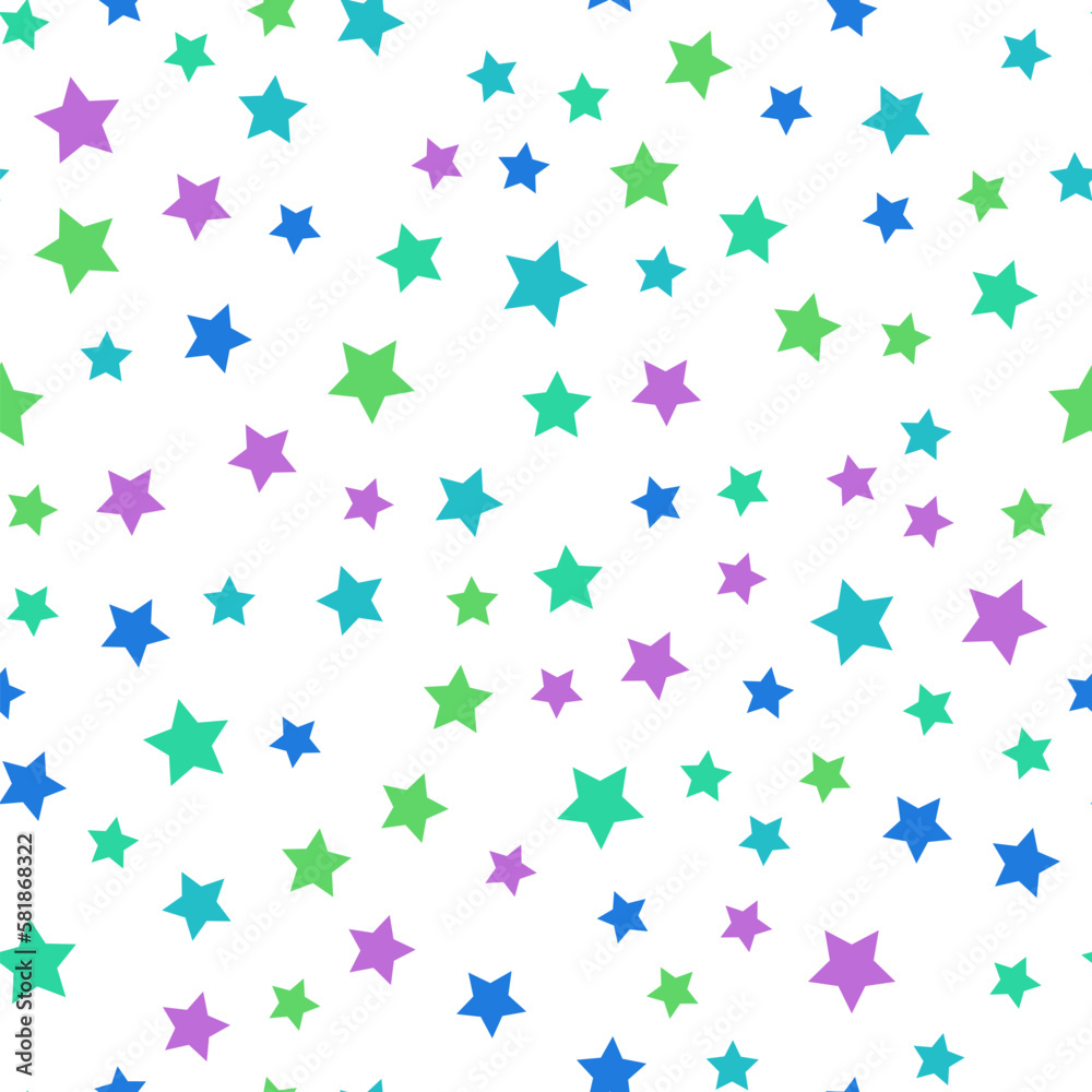 Seamless repeating pattern of vivid green, purple, blue stars on white background for fabric, textile, papers and other various surfaces Seamless repeating pattern of vivid green, purple, blue stars on white background for fabric, textile, papers and other various surfaces