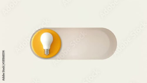 Switch panel with yellow button and light bulb. The switch moves, the light bulb glows. 2d animation, the concept of the appearance of an idea, the inclusion of imagination.