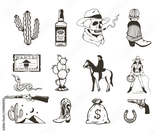 Wild west collection hand drawing illustration