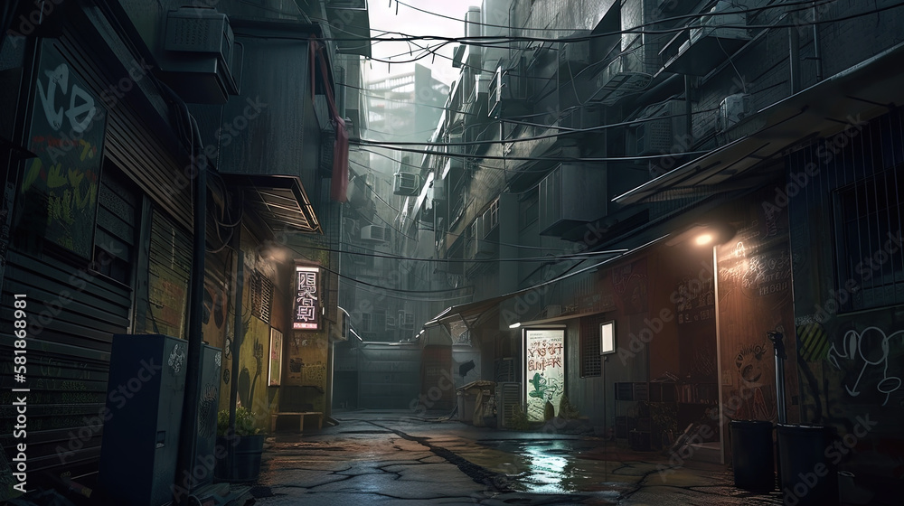 Futuristic cyberpunk alleyway