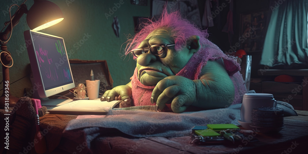 Online troll sitting at a computer in a dark, dingy, unkempt bedroom - obrazy, fototapety, plakaty 