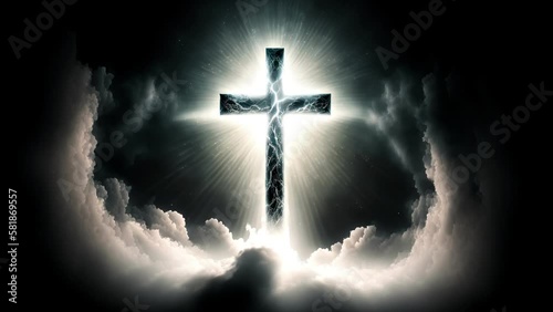 Jesus cross symbol on infinite sky background. Sky with clouds and sun rays background with Christian cross in the middle. Generative AI Christian religion Cross on sky background.