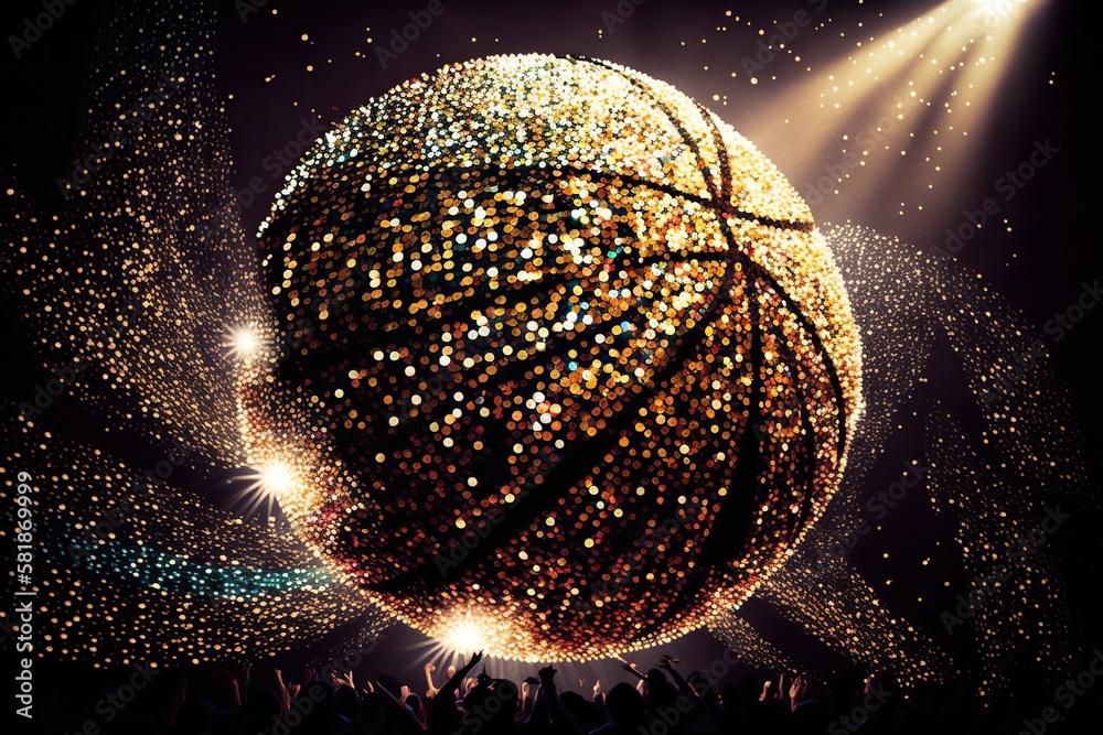 Giant basketball covered in sparkling sequins hanging from the ceiling