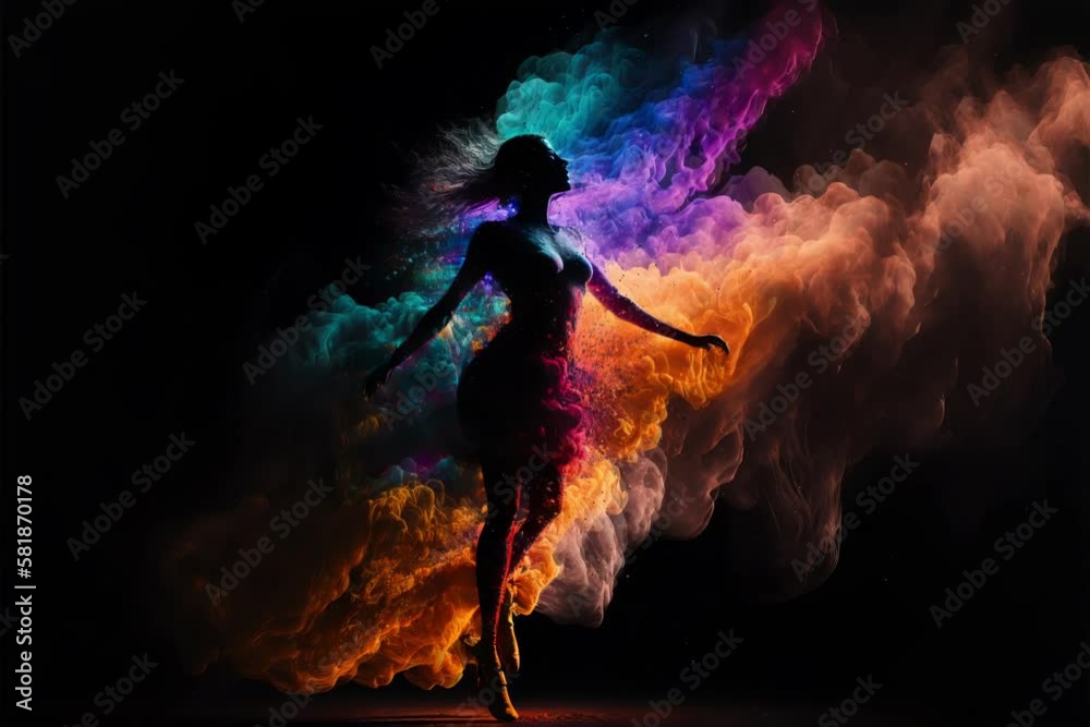 Female dance in abstract multi color paint explosion on black background. Freeze motion female jump through paint splash. Paint clouds with person silhouette on black background, Generative AI.
