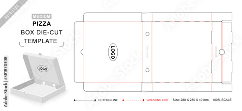 Pizza box die cut template medium with 3D blank vector mockup for food packaging