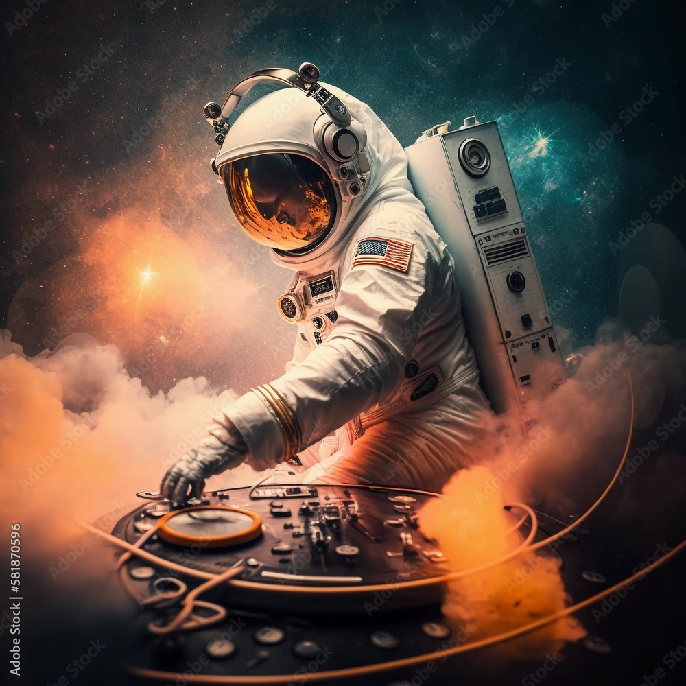 DJ astronaut playing in a Galaxy