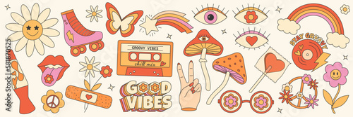 Retro groovy hippie 70s set. Sticker collection in trendy retro psychedelic cartoon style. Mushroom, flower, eye, rainbow, butterfly, good vibes