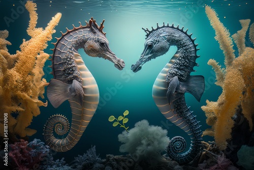 Beautiful scene with two seahorses in the sea generative AI © cac_tus