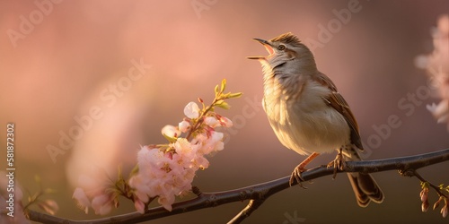 Fototapeta Nature's Symphony Unfolds: A Charming Bird Finds Its Voice, Perched on a Branch