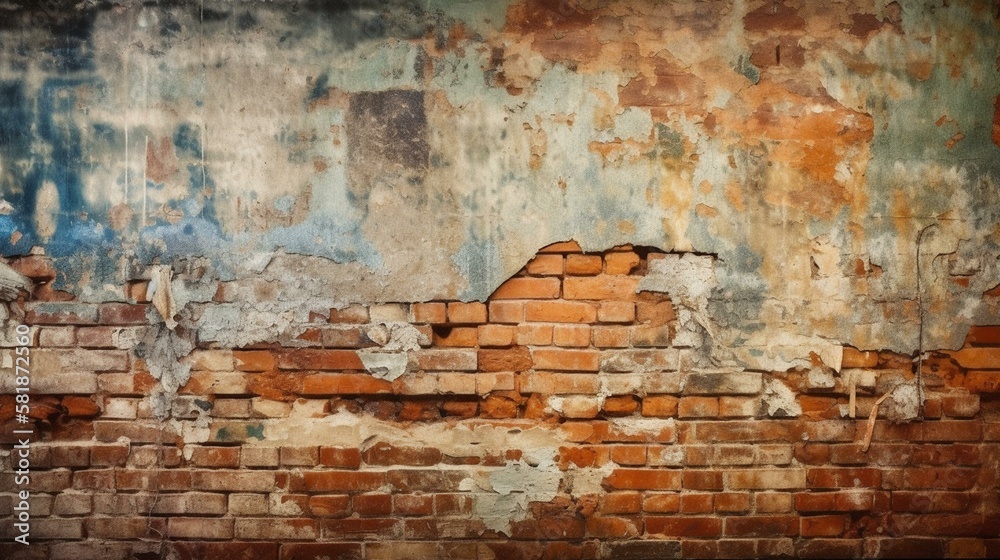 Faded and distressed brick wall with peeling plaster Generative AI Faded and distressed brick wall with peeling plaster Generative AI