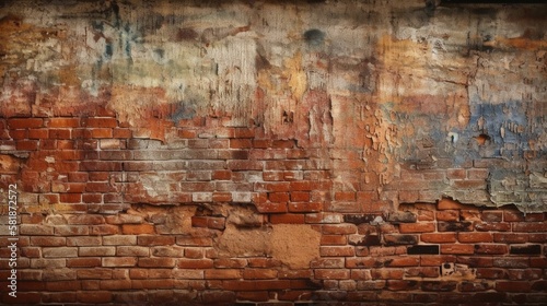 Faded and distressed brick wall with peeling plaster Generative AI
