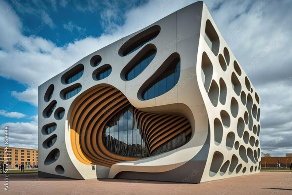 Public building with a striking sculptural facade that creates a bold ...