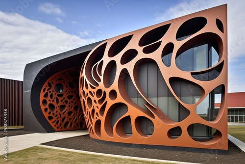 Public building with a striking sculptural facade that creates a bold and memorable visual impact, concept of Sculptural Architecture and Monumental Design, created with Generative AI technology