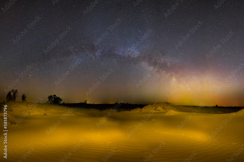 sandy desert under starry sky with milky way, night outdoor landscape ...