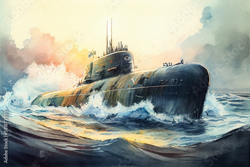 Watercolor Illustration of a Usa Nuclear Submarine Surfacing In The Sea. Generative AI