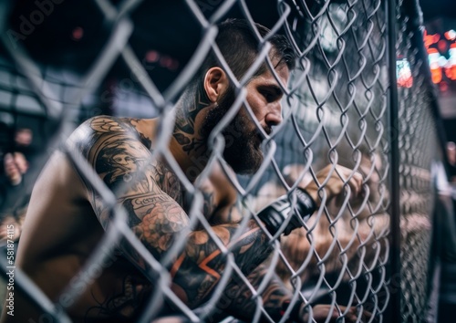 Платно MMA fighter in the cage. Generative AI.