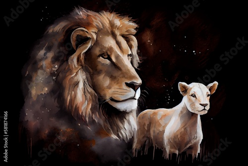 Watercolor Illustration of a The Lion And The Lamb Together. Image On Black Background. Generative AI