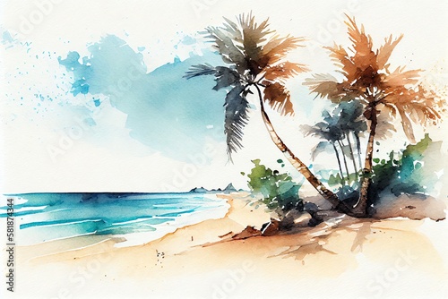 Watercolor Illustration of a Sunny Day, A Lovely Beach With Palm Trees And White Sand, A Clear Turquoise Ocean. Illustration. Generative AI © Pixel Matrix