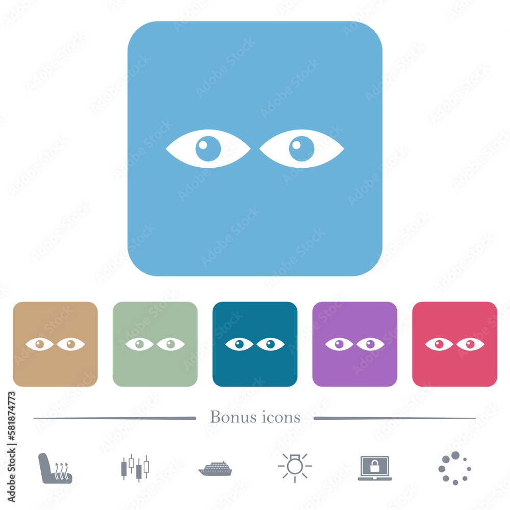 Watching eyes solid flat icons on color rounded square backgrounds Watching eyes solid flat icons on color rounded square backgrounds
