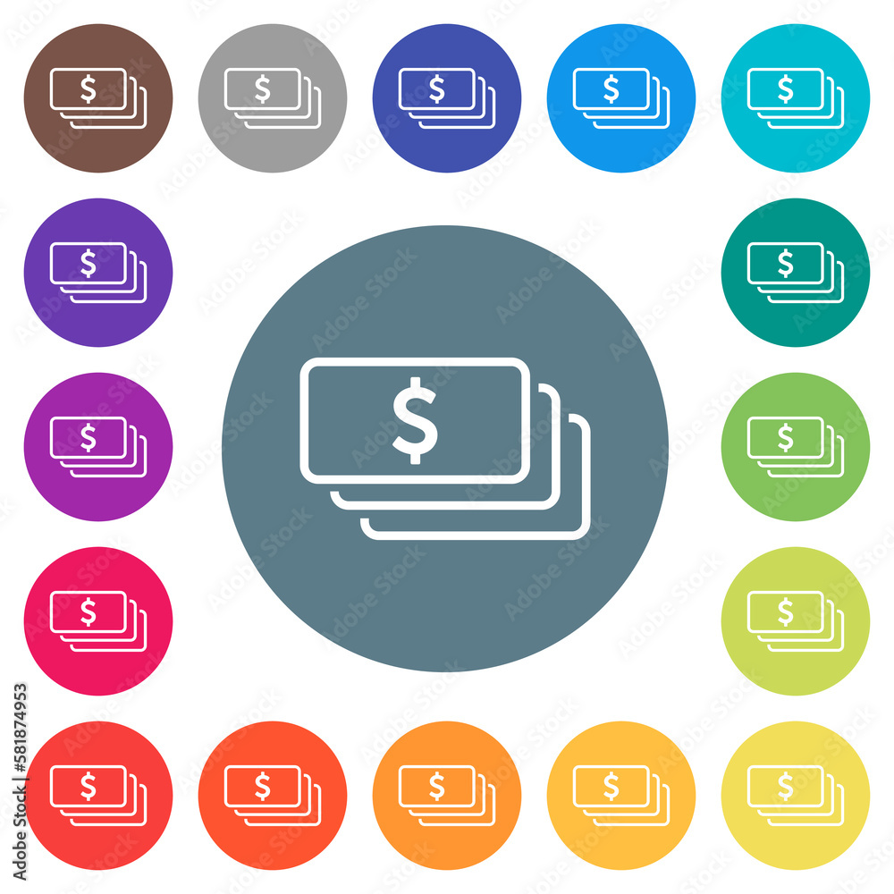 American dollar banknotes outline flat white icons on round color backgrounds American dollar banknotes outline flat white icons on round color backgrounds