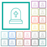 Tombstone with cross outline flat color icons with quadrant frames