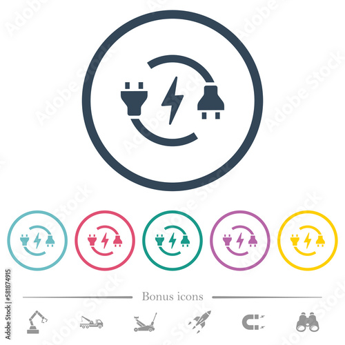 Electrical circuit with plug and cord flat color icons in round outlines