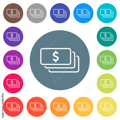 American dollar banknotes outline flat white icons on round color backgrounds