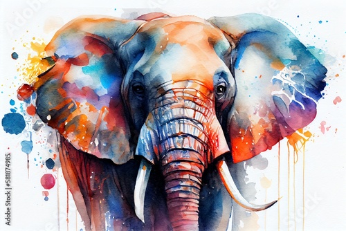 Watercolor Illustration of a Portr    T Gesicht Eines Elefanten Mit Bunten Farben. Generative AI