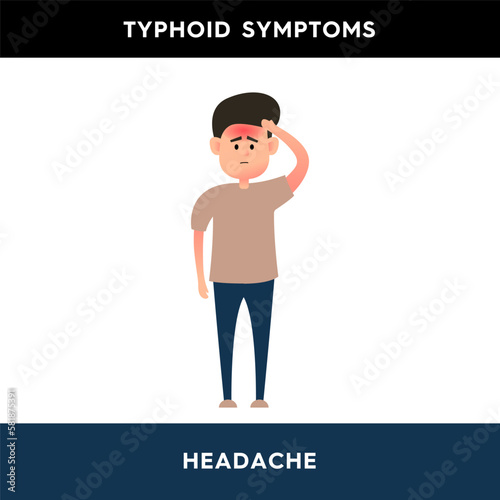 Vector illustration of a man who is experiencing a headache. A man holds his head with his hand because of severe pain. Typhoid symptoms. Illustration for medical articles, posters.