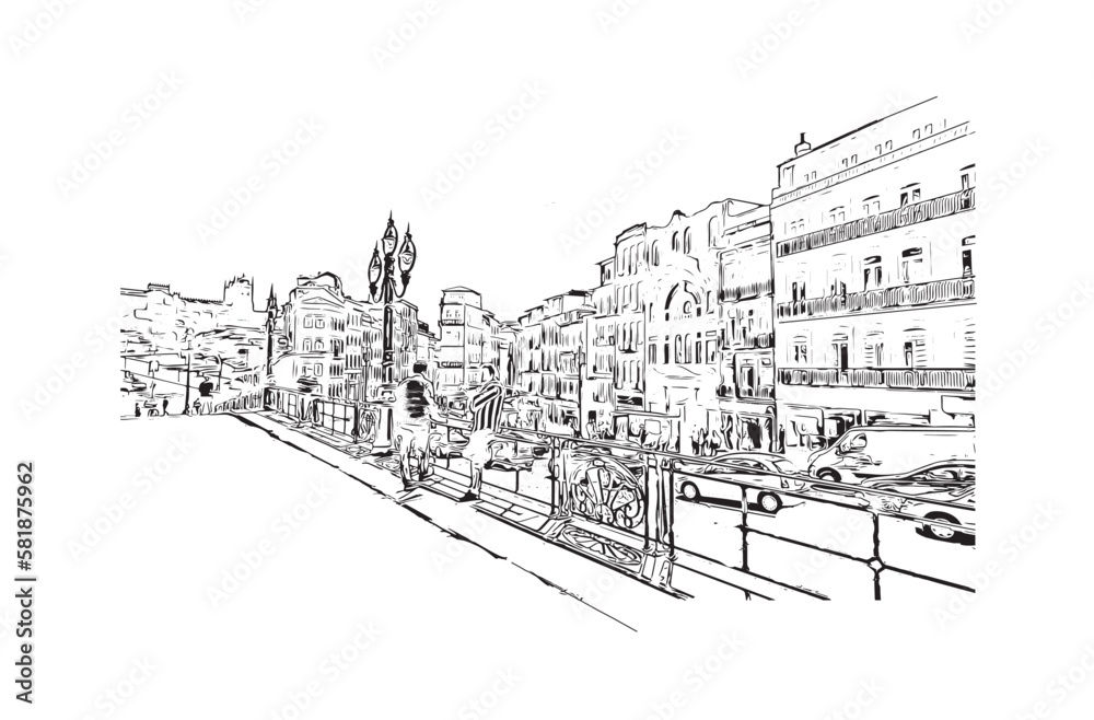 Building view with landmark of  porto novo Benin. Hand drawn sketch illustration in vector.
