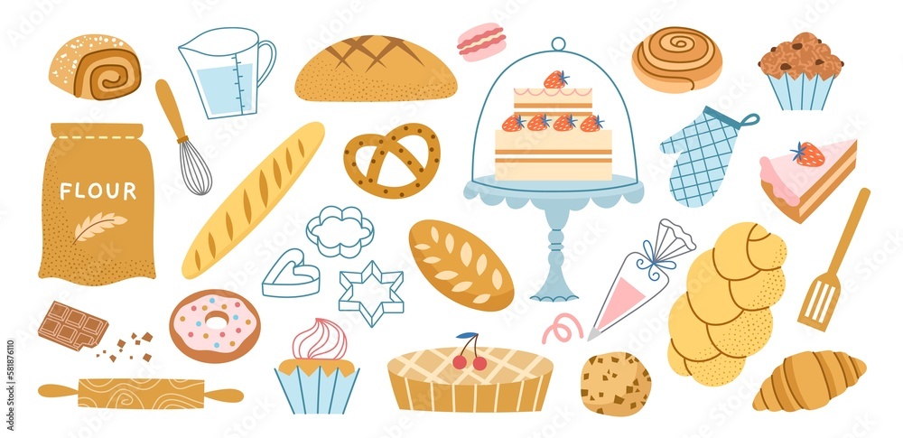 Cartoon bakery flour products. Pastry sweets, biscuits, cupcake, pie and croissant, tasty dessert foods, rolling pin and whisk, vector set.jpg