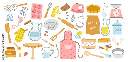 Cartoon baking elements. Pastry ingredients, tableware and accessories, flour, eggs, butter, sugar and cream, apron, rolling pin, vector set.jpg