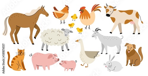 Fototapeta Naklejka Na Ścianę i Meble -  Cartoon farm animals. Cute horse, cow, dog, cat, funny domestic birds, hen, rooster and chickens, goose, pigs and sheep, country, vector set.jpg