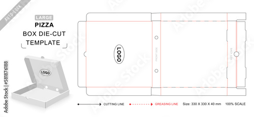 Pizza box die cut template large with 3D blank vector mockup for food packaging